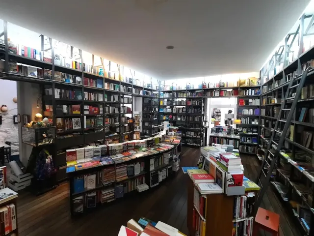 חנות ספרים עם מדפים גבוהים עמוסים, סולם מתכת, רצפת עץ וערימות ספרים