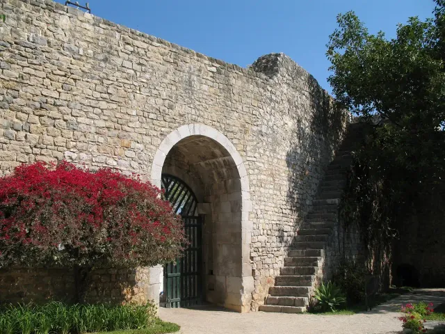 שער קשת בחומת אבן עם מדרגות ושיח בוגנוויליה אדום