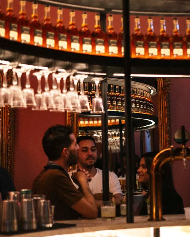 שורות בקבוקים מוארות מעל דלפק, כוסות תלויות ואורחים משוחחים